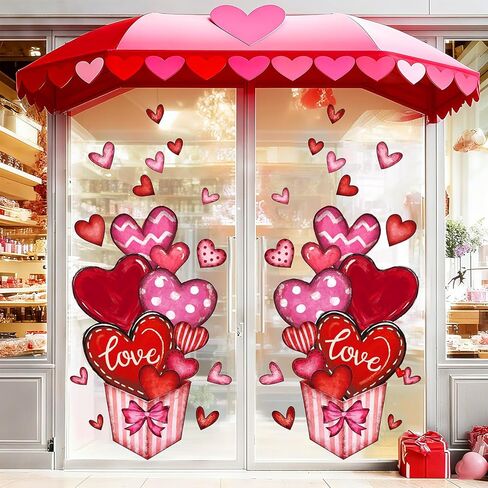 Valentine's Day Window Cling Stickers Extra Large Window Decals Pink Red Love Heart Box Reusable Decoration for Wedding Anniversary Party Shop Home Classroom, 2 Sheets in Saudi Arabia