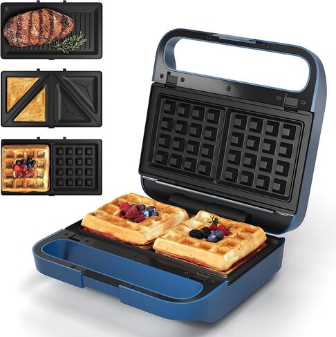 Sunvivi 3 in 1 Sandwich Maker, Electric Waffle Maker with Removable Non-stick Plates, 850W Panini Press Grill with Glass Top, Cool Touch Handle & Easy to Clean, Black in Saudi Arabia