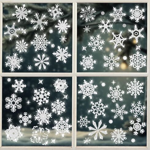 Anwyll Glitter Christmas Snowflake Window Clings,Silver Christmas Snowflake Window Decals Stickers,93Pcs Xmas Winter Holiday Snowflake Window Clings for Winter Wonderland Christmas Glass Window Decor in Saudi Arabia