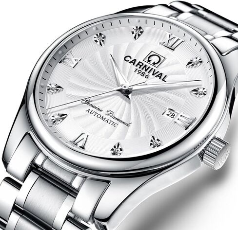 Carnival Men's Automatic Mechanical Business Watch Analog Luminous Calendar Stainless Steel Band (White) in Saudi Arabia