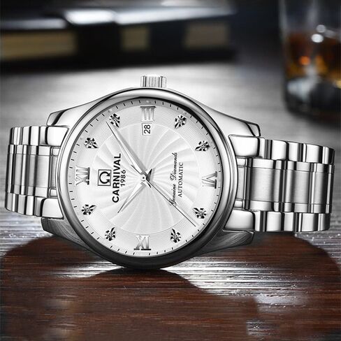 Carnival Men's Automatic Mechanical Business Watch Analog Luminous Calendar Stainless Steel Band (White) in Saudi Arabia