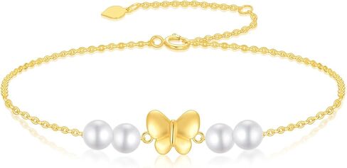 SISGEM 10k Gold Butterfly Bracelet for Women, Real Freshwater Cultured Pearl Hand Jewelry Gifts for Her, 6.8"-8.4" in Saudi Arabia
