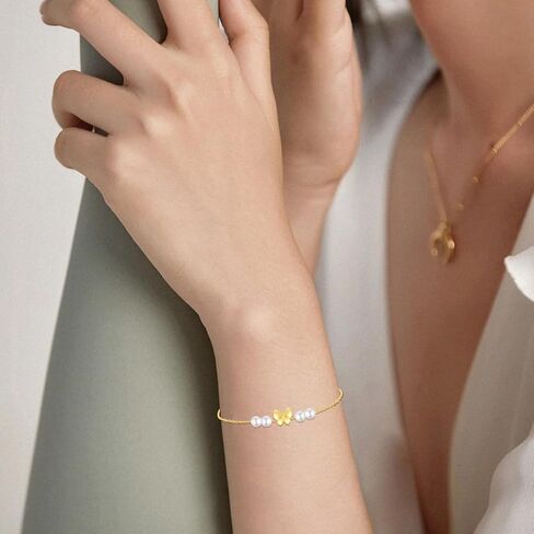 SISGEM 10k Gold Butterfly Bracelet for Women, Real Freshwater Cultured Pearl Hand Jewelry Gifts for Her, 6.8"-8.4" in Saudi Arabia