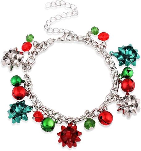 Christmas Link Chain Bracelet Jingle Bells Christmas Bracelets Bow Xmas Holiday Jewelry for Women (Silver) in Saudi Arabia