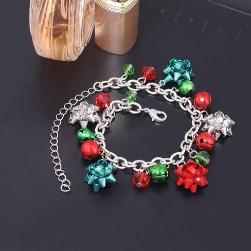 Christmas Link Chain Bracelet Jingle Bells Christmas Bracelets Bow Xmas Holiday Jewelry for Women (Silver) in Saudi Arabia