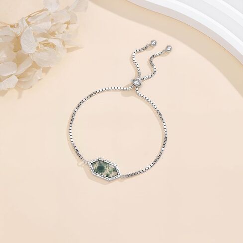 Natural Moss Agate Bracelet 925 Sterling Silver Hexagon Cut Real Gemstone Moss Agate Adjustable Link Bracelet Jewelry Gifts for Women in Saudi Arabia