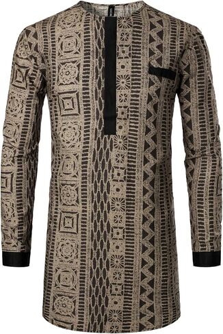 LucMatton Men's African Traditional Pattern Printed Hidden Button Long Sleeve Dashiki Shirt with Pocket in Saudi Arabia