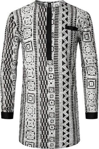 LucMatton Men's African Traditional Pattern Printed Hidden Button Long Sleeve Dashiki Shirt with Pocket in Saudi Arabia