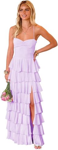 Women’s Tiered Ruffles Bridesmaid Dresses with Slit Chiffon Spaghetti Straps Backless Pleated Formal Evening Gowns in Saudi Arabia