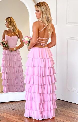 Women’s Tiered Ruffles Bridesmaid Dresses with Slit Chiffon Spaghetti Straps Backless Pleated Formal Evening Gowns in Saudi Arabia