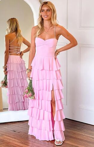 Women’s Tiered Ruffles Bridesmaid Dresses with Slit Chiffon Spaghetti Straps Backless Pleated Formal Evening Gowns in Saudi Arabia
