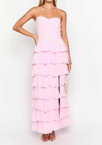 Women’s Tiered Ruffles Bridesmaid Dresses with Slit Chiffon Spaghetti Straps Backless Pleated Formal Evening Gowns in Saudi Arabia