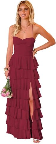 Women’s Tiered Ruffles Bridesmaid Dresses with Slit Chiffon Spaghetti Straps Backless Pleated Formal Evening Gowns in Saudi Arabia