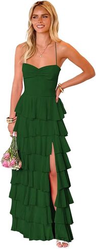 Women’s Tiered Ruffles Bridesmaid Dresses with Slit Chiffon Spaghetti Straps Backless Pleated Formal Evening Gowns in Saudi Arabia