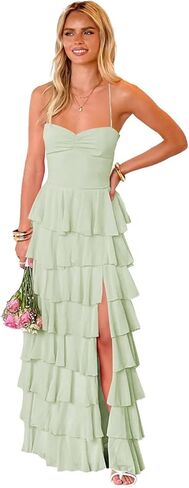 Women’s Tiered Ruffles Bridesmaid Dresses with Slit Chiffon Spaghetti Straps Backless Pleated Formal Evening Gowns in Saudi Arabia