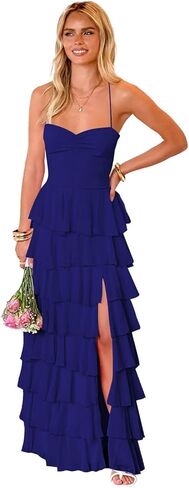 Women’s Tiered Ruffles Bridesmaid Dresses with Slit Chiffon Spaghetti Straps Backless Pleated Formal Evening Gowns in Saudi Arabia