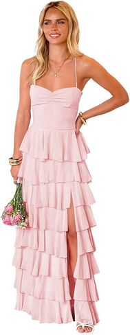 Women’s Tiered Ruffles Bridesmaid Dresses with Slit Chiffon Spaghetti Straps Backless Pleated Formal Evening Gowns in Saudi Arabia