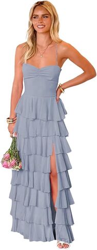 Women’s Tiered Ruffles Bridesmaid Dresses with Slit Chiffon Spaghetti Straps Backless Pleated Formal Evening Gowns in Saudi Arabia