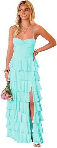 Women’s Tiered Ruffles Bridesmaid Dresses with Slit Chiffon Spaghetti Straps Backless Pleated Formal Evening Gowns in Saudi Arabia