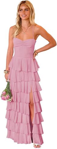 Women’s Tiered Ruffles Bridesmaid Dresses with Slit Chiffon Spaghetti Straps Backless Pleated Formal Evening Gowns in Saudi Arabia