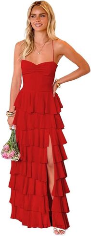 Women’s Tiered Ruffles Bridesmaid Dresses with Slit Chiffon Spaghetti Straps Backless Pleated Formal Evening Gowns in Saudi Arabia