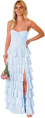 فساتين وصيفة العروس مكشكشة متدرجة للنساء مع فتحة شيفون أشرطة سباغيتي بدون ظهر مطوي فساتين سهرة رسمية in Kuwait