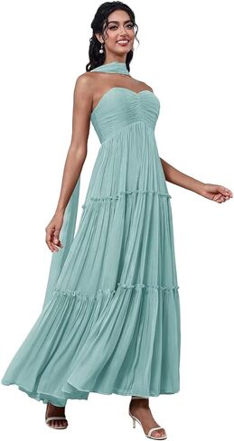 Women Strapless Maxi Bridesmaid Dresses with Scarf A Line Crepe Pleated Formal Wedding Guest Gown for Women in Saudi Arabia