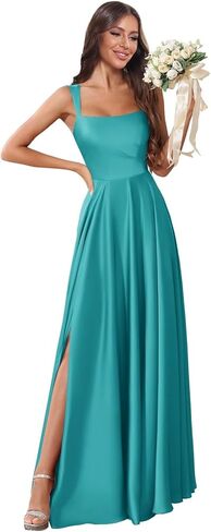 Satin Square Neck Bridesmaid Dresses for Women Elegant A-Line Spaghetti Straps Pleated with Slit Long Prom Gown in Saudi Arabia
