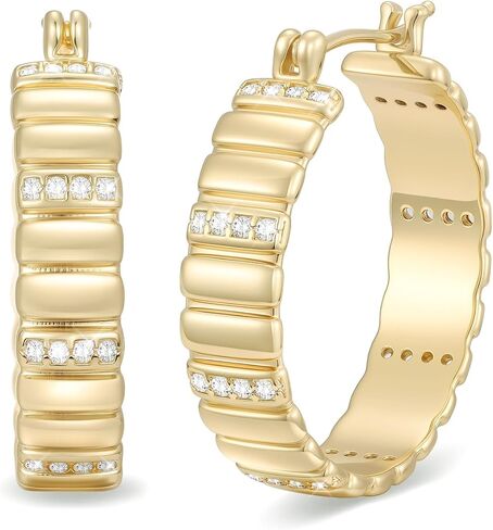 14K Gold Hoops Earrings 14 Karat Gold Hoop Earrings Chunky Hoop Earrings Stripes Lines Design Earring Statement Earring for Women Trendy 23MM in Kuwait