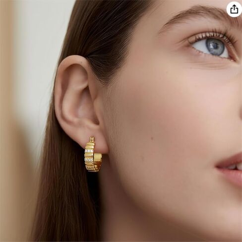 14K Gold Hoops Earrings 14 Karat Gold Hoop Earrings Chunky Hoop Earrings Stripes Lines Design Earring Statement Earring for Women Trendy 23MM in Kuwait