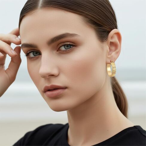 14K Gold Hoops Earrings 14 Karat Gold Hoop Earrings Chunky Hoop Earrings Stripes Lines Design Earring Statement Earring for Women Trendy 23MM in Kuwait