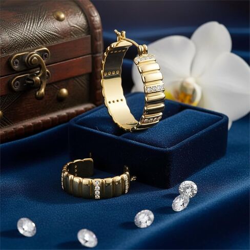 14K Gold Hoops Earrings 14 Karat Gold Hoop Earrings Chunky Hoop Earrings Stripes Lines Design Earring Statement Earring for Women Trendy 23MM in Kuwait