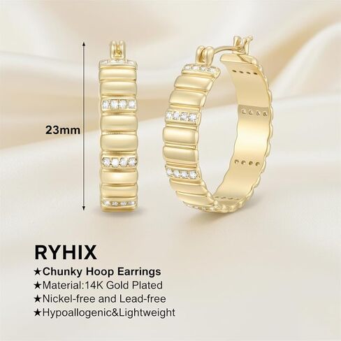 14K Gold Hoops Earrings 14 Karat Gold Hoop Earrings Chunky Hoop Earrings Stripes Lines Design Earring Statement Earring for Women Trendy 23MM in Kuwait