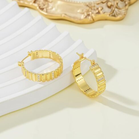 14K Gold Hoops Earrings 14 Karat Gold Hoop Earrings Chunky Hoop Earrings Stripes Lines Design Earring Statement Earring for Women Trendy 23MM in Kuwait