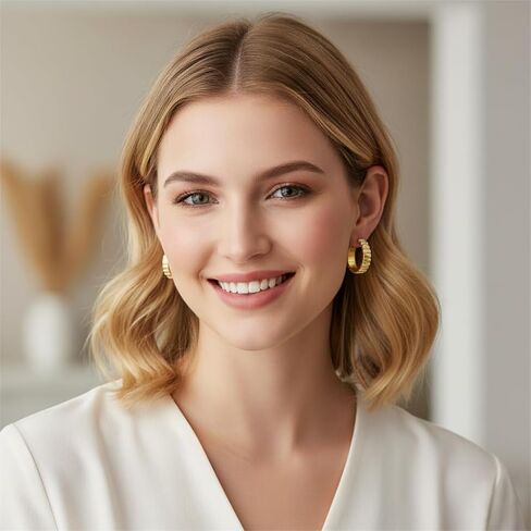 14K Gold Hoops Earrings 14 Karat Gold Hoop Earrings Chunky Hoop Earrings Stripes Lines Design Earring Statement Earring for Women Trendy 23MM in Kuwait