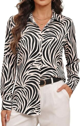 مقاومة للتجاعيد زر أسفل القمصان للنساء حريري متأنق الأزهار ملابس منقوشة بكم طويل بلوزة الأعمال عارضة العمل الأعلى in Kuwait