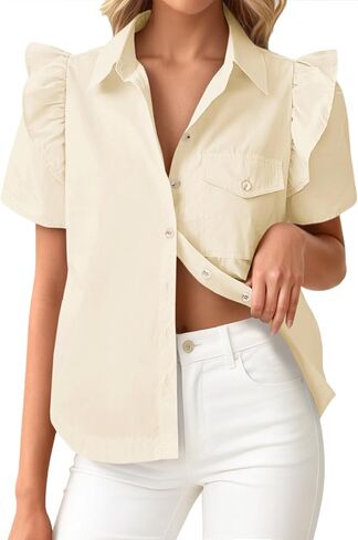 Cicy Bell Womens Babydoll Button Down Shirts Summer Ruffle Puff Sleeve Pleated Tops Loose Fit Cotton Collared Curvy Hem Tees in Saudi Arabia