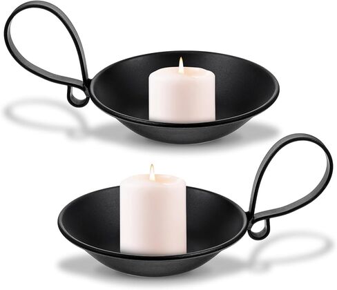 2PCS Matte Black Iron Candle Holders with Handle Metal Saucer Decorative Candle Stand Plate Tray Safety Spike for Pillar Wax Candles Scented Incense Cones Wedding Coffee Table Centerpiece Decor in Saudi Arabia