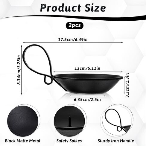 2PCS Matte Black Iron Candle Holders with Handle Metal Saucer Decorative Candle Stand Plate Tray Safety Spike for Pillar Wax Candles Scented Incense Cones Wedding Coffee Table Centerpiece Decor in Saudi Arabia