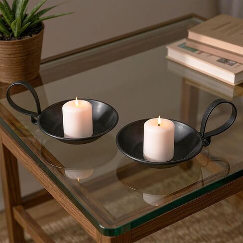 2PCS Matte Black Iron Candle Holders with Handle Metal Saucer Decorative Candle Stand Plate Tray Safety Spike for Pillar Wax Candles Scented Incense Cones Wedding Coffee Table Centerpiece Decor in Saudi Arabia