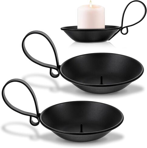 2PCS Matte Black Iron Candle Holders with Handle Metal Saucer Decorative Candle Stand Plate Tray Safety Spike for Pillar Wax Candles Scented Incense Cones Wedding Coffee Table Centerpiece Decor in Saudi Arabia