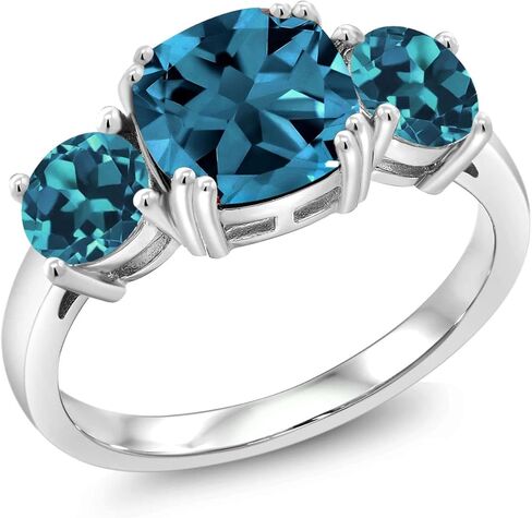 Gem Stone King 3.74 Cttw London Blue Topaz 3-Stone Engagement Ring For Women | 925 Sterling Silver | Gemstone November Birthstone | Cushion 8MM in Saudi Arabia