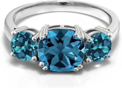 Gem Stone King 3.74 Cttw London Blue Topaz 3-Stone Engagement Ring For Women | 925 Sterling Silver | Gemstone November Birthstone | Cushion 8MM in Saudi Arabia