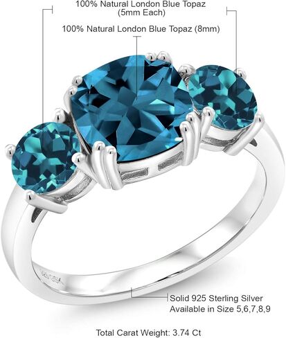 Gem Stone King 3.74 Cttw London Blue Topaz 3-Stone Engagement Ring For Women | 925 Sterling Silver | Gemstone November Birthstone | Cushion 8MM in Saudi Arabia