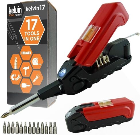 Kelvin Tools Kelvin 17 | The Palm-Sized Everyday Multi-Tool Set | 17 Integrated Tools: 13 Bit Screwdriver Set, Tape Measure, Liquid Level, Hammer, and Flashlight (Orange) in Kuwait