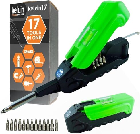 Kelvin Tools Kelvin 17 | The Palm-Sized Everyday Multi-Tool Set | 17 Integrated Tools: 13 Bit Screwdriver Set, Tape Measure, Liquid Level, Hammer, and Flashlight (Orange) in Kuwait