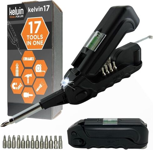 Kelvin Tools Kelvin 17 | The Palm-Sized Everyday Multi-Tool Set | 17 Integrated Tools: 13 Bit Screwdriver Set, Tape Measure, Liquid Level, Hammer, and Flashlight (Orange) in Kuwait
