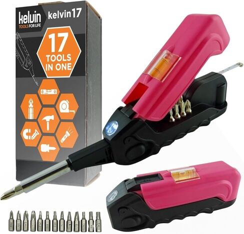 Kelvin Tools Kelvin 17 | The Palm-Sized Everyday Multi-Tool Set | 17 Integrated Tools: 13 Bit Screwdriver Set, Tape Measure, Liquid Level, Hammer, and Flashlight (Orange) in Kuwait