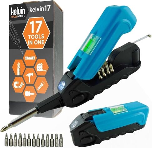 Kelvin Tools Kelvin 17 | The Palm-Sized Everyday Multi-Tool Set | 17 Integrated Tools: 13 Bit Screwdriver Set, Tape Measure, Liquid Level, Hammer, and Flashlight (Orange) in Kuwait