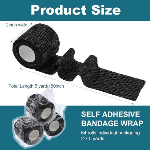64 Pack 2" x 5 Yards Self Adhesive Bandage Wrap Black Athletic Tape Vet Wrap, Elastic Breathable Tattoo Grip Tape Wrap Flexible Self Cohesive Bandage Wrap for Wrist, Ankle, Fingers, Sports & Pets in Saudi Arabia